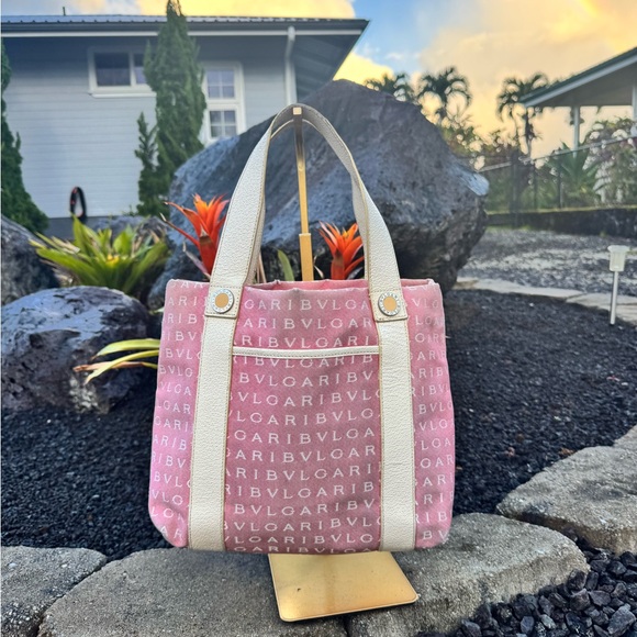 BVLGARI Handbags - Bvlgari Pink Canvas Logo Mini Tote Bag Leather Trim Made in Italy